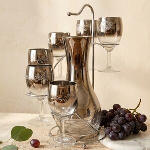 Vintage MCM Silver Fade Floral Wine Glasses Decanter Chrome Caddy Set Retro Bar